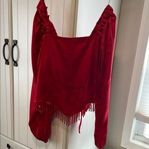 Elegant Red silk Shirt with Beaded Fringe